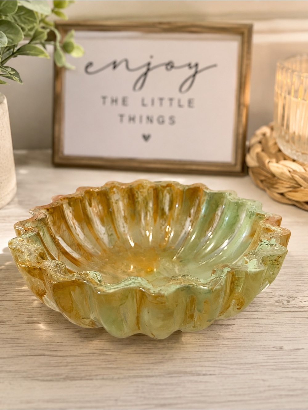 Handmade Green and Amber Decorative Glass Serving Bowl